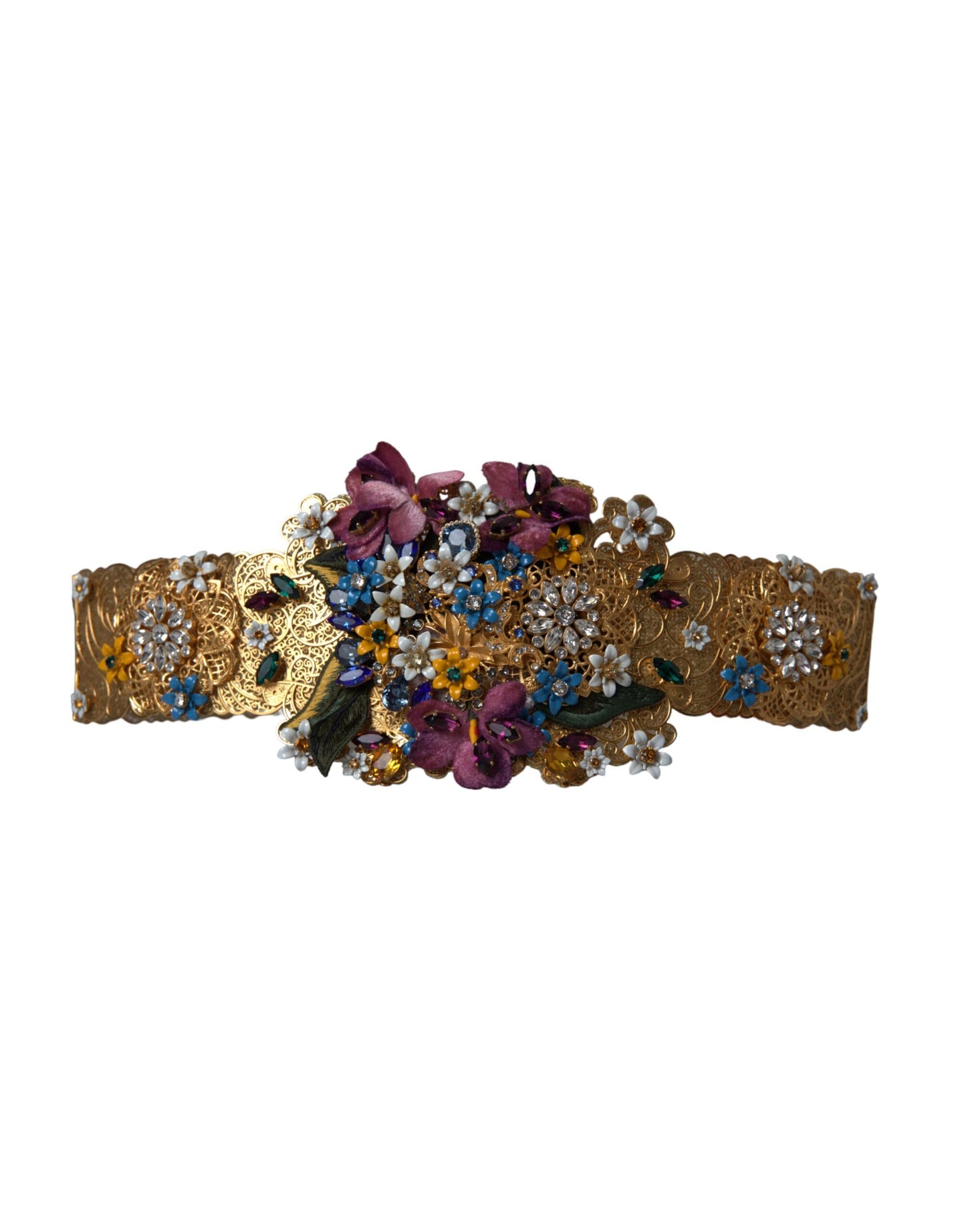 Широк колан на талията Dolce & Gabbana с многоцветна украса и флорални кристали