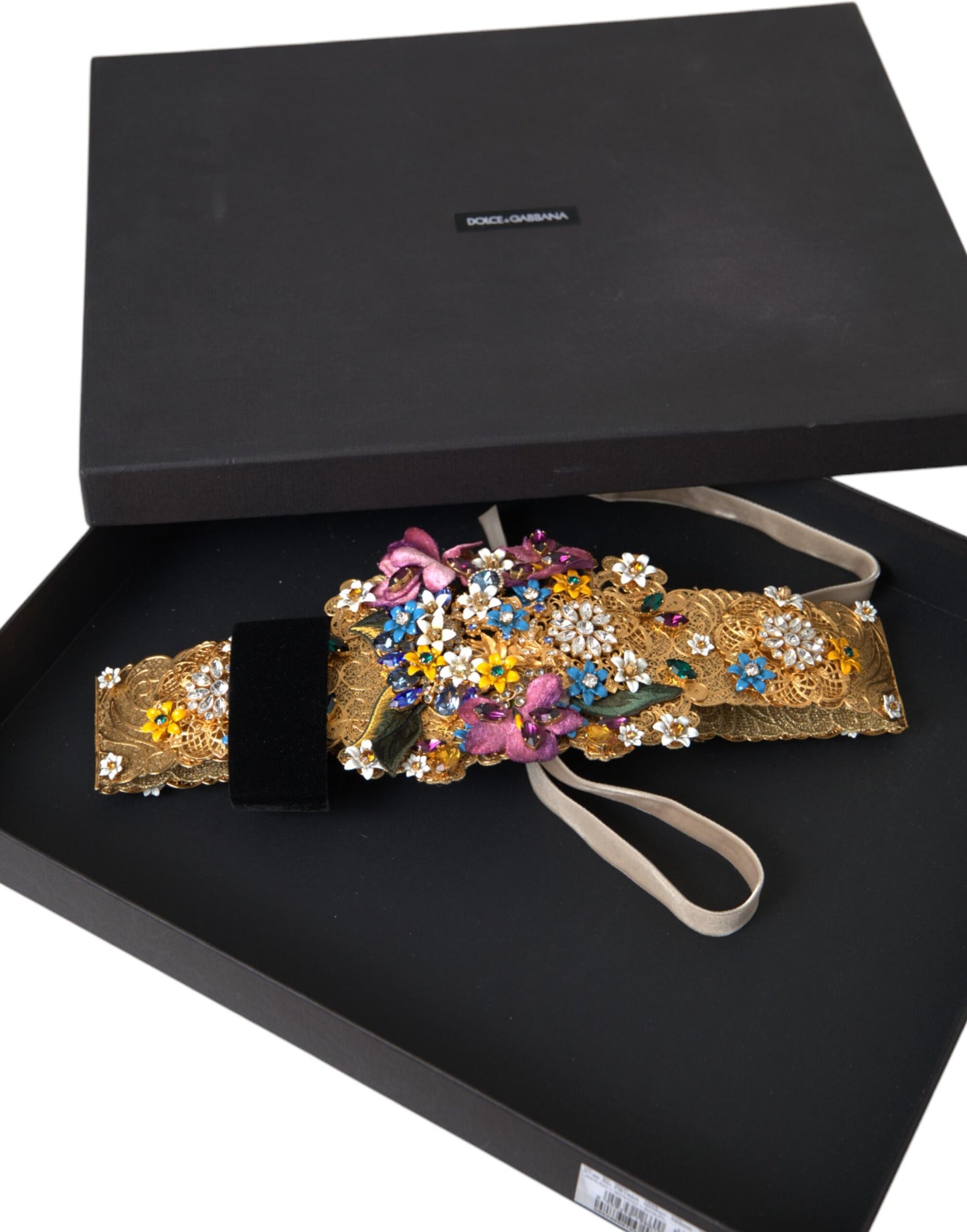 Широк колан на талията Dolce & Gabbana с многоцветна украса и флорални кристали