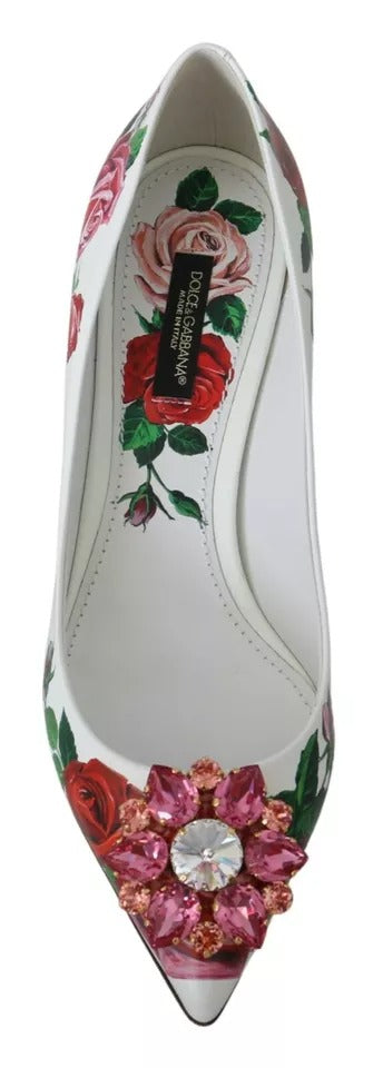 Кожени обувки Dolce & Gabbana с кристали и рози в бели цветове
