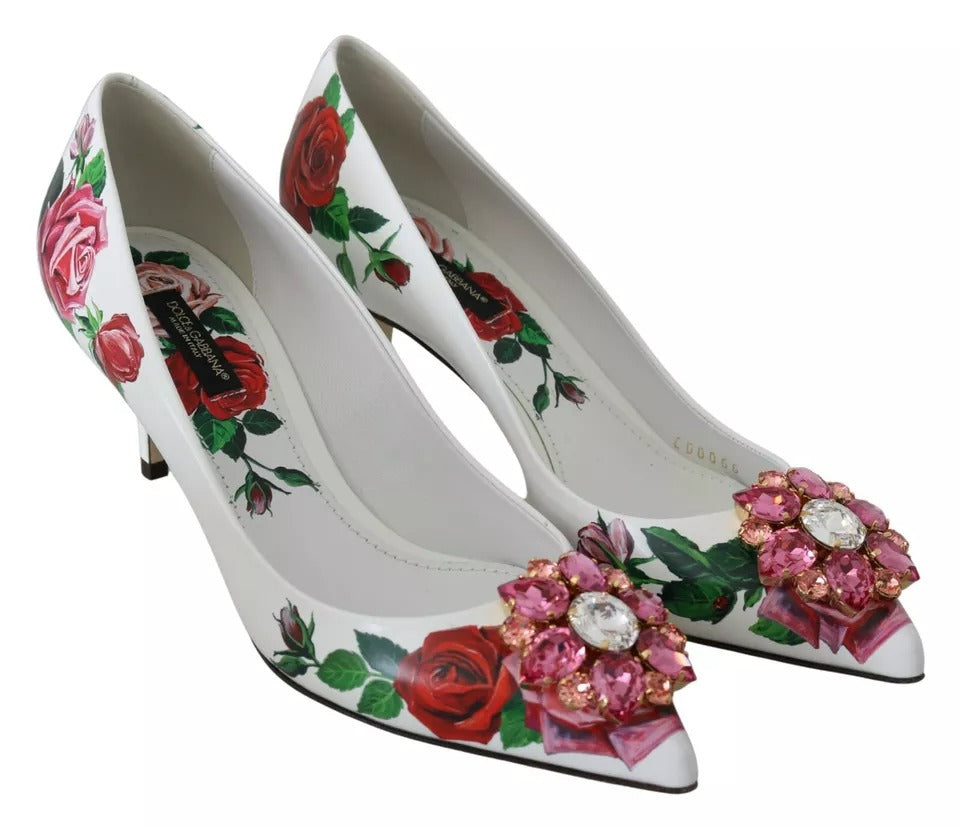 Кожени обувки Dolce & Gabbana с кристали и рози в бели цветове