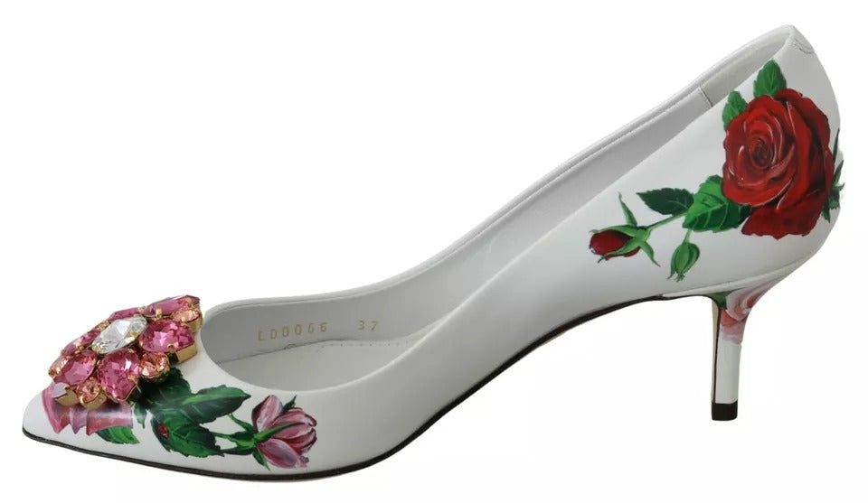 Кожени обувки Dolce & Gabbana с кристали и рози в бели цветове