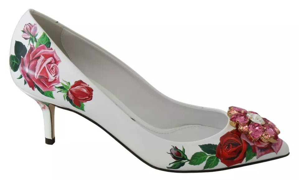 Кожени обувки Dolce & Gabbana с кристали и рози в бели цветове