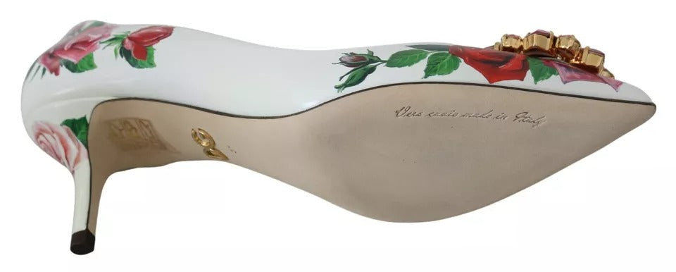 Кожени обувки Dolce & Gabbana с кристали и рози в бели цветове