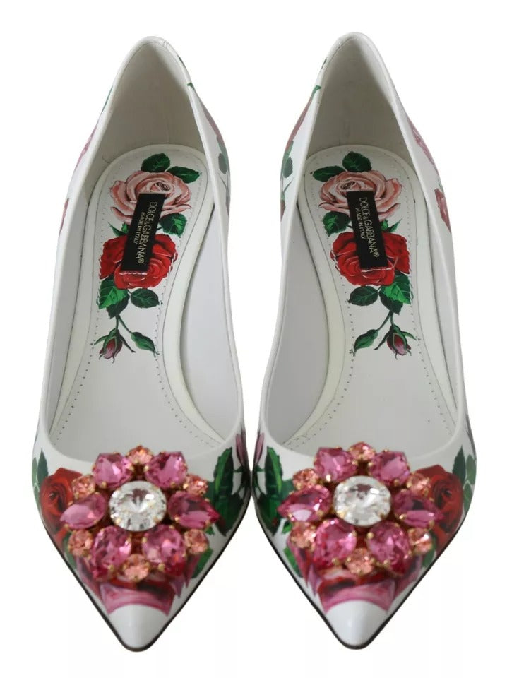 Кожени обувки Dolce & Gabbana с кристали и рози в бели цветове