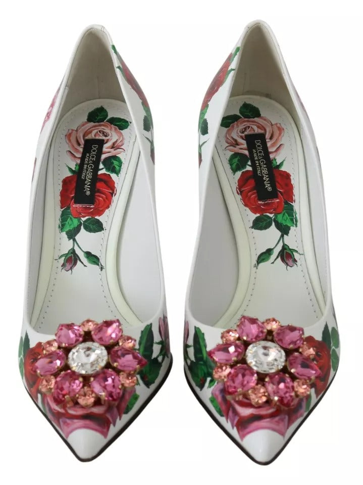 Кожени обувки Dolce & Gabbana с кристали и рози в бели цветове