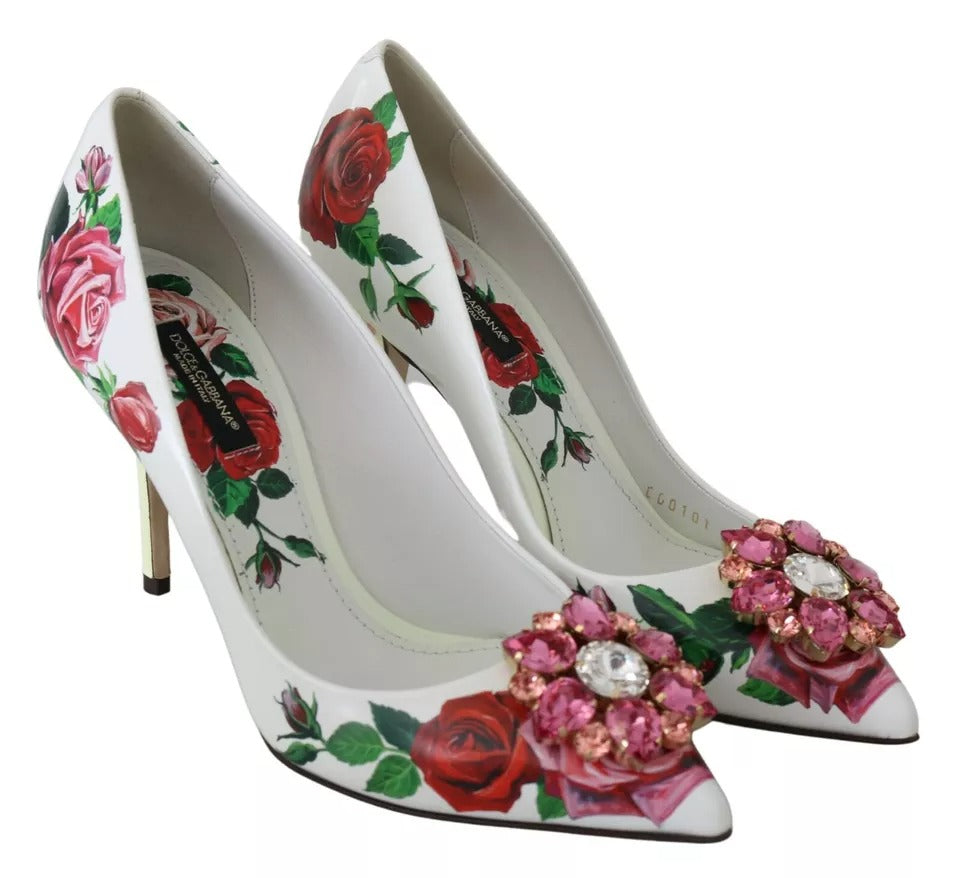 Кожени обувки Dolce & Gabbana с кристали и рози в бели цветове