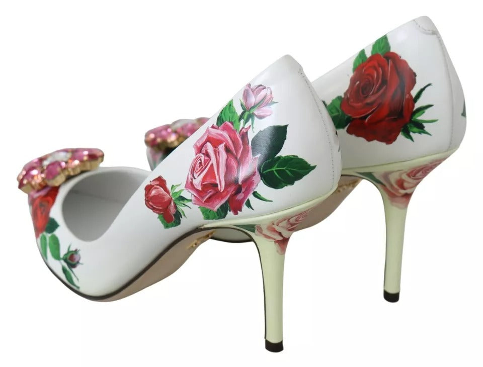 Кожени обувки Dolce & Gabbana с кристали и рози в бели цветове