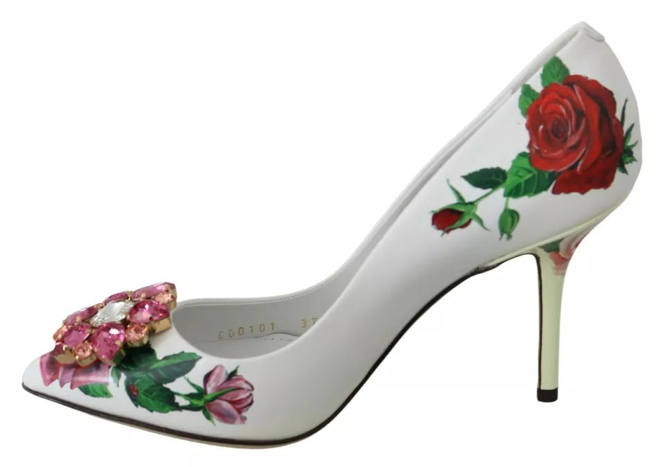 Кожени обувки Dolce & Gabbana с кристали и рози в бели цветове