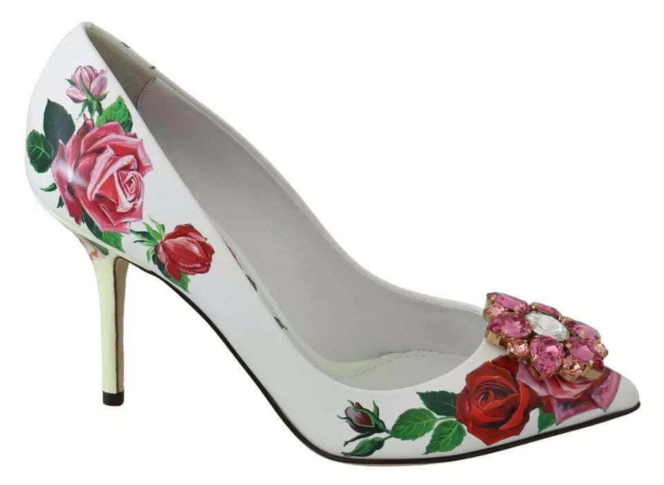 Кожени обувки Dolce & Gabbana с кристали и рози в бели цветове