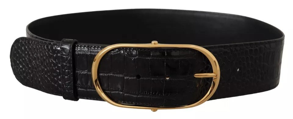 Черен широк релефен кожен колан със златна метална катарама Dolce & Gabbana