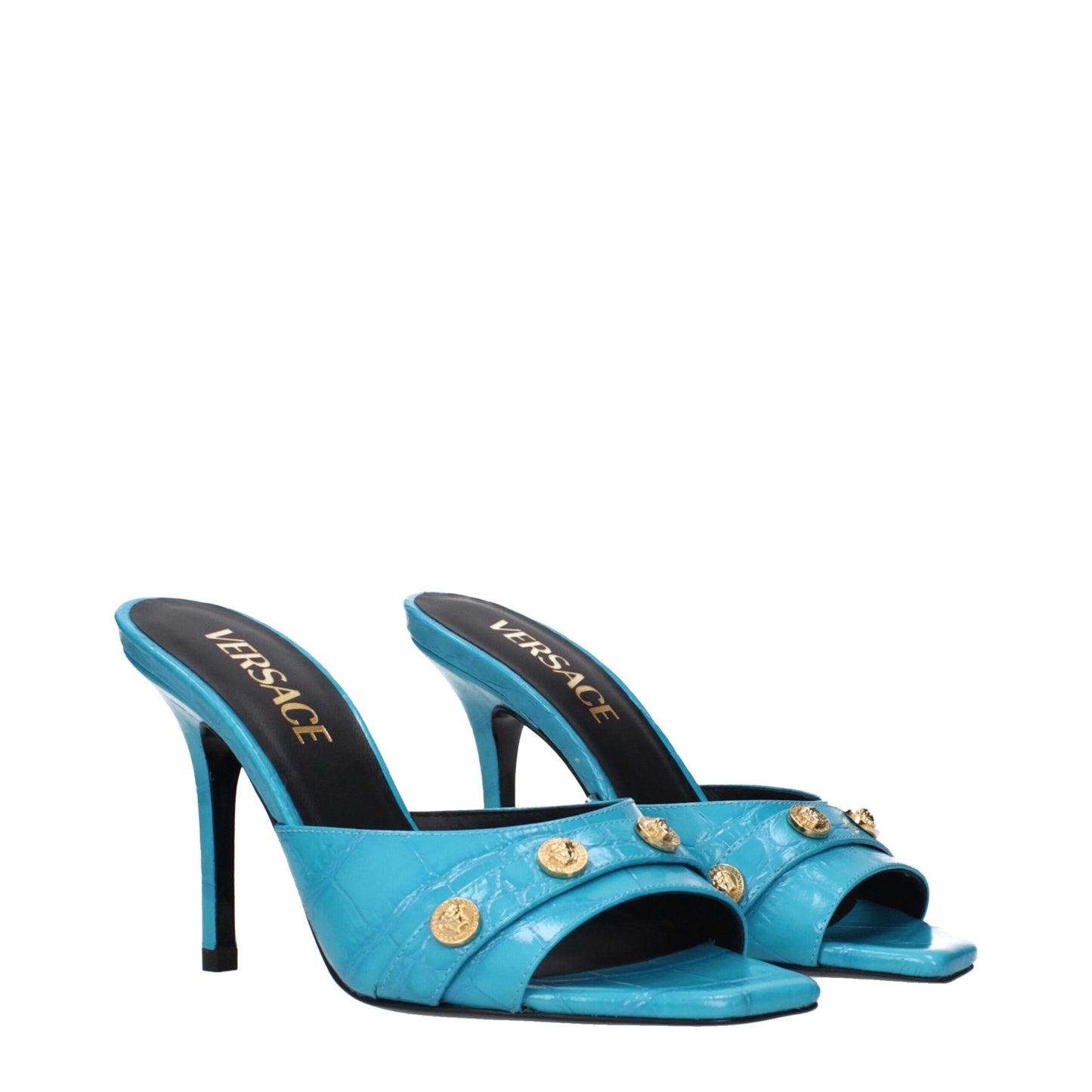 Светлосини кожени сандали на висок ток Versace