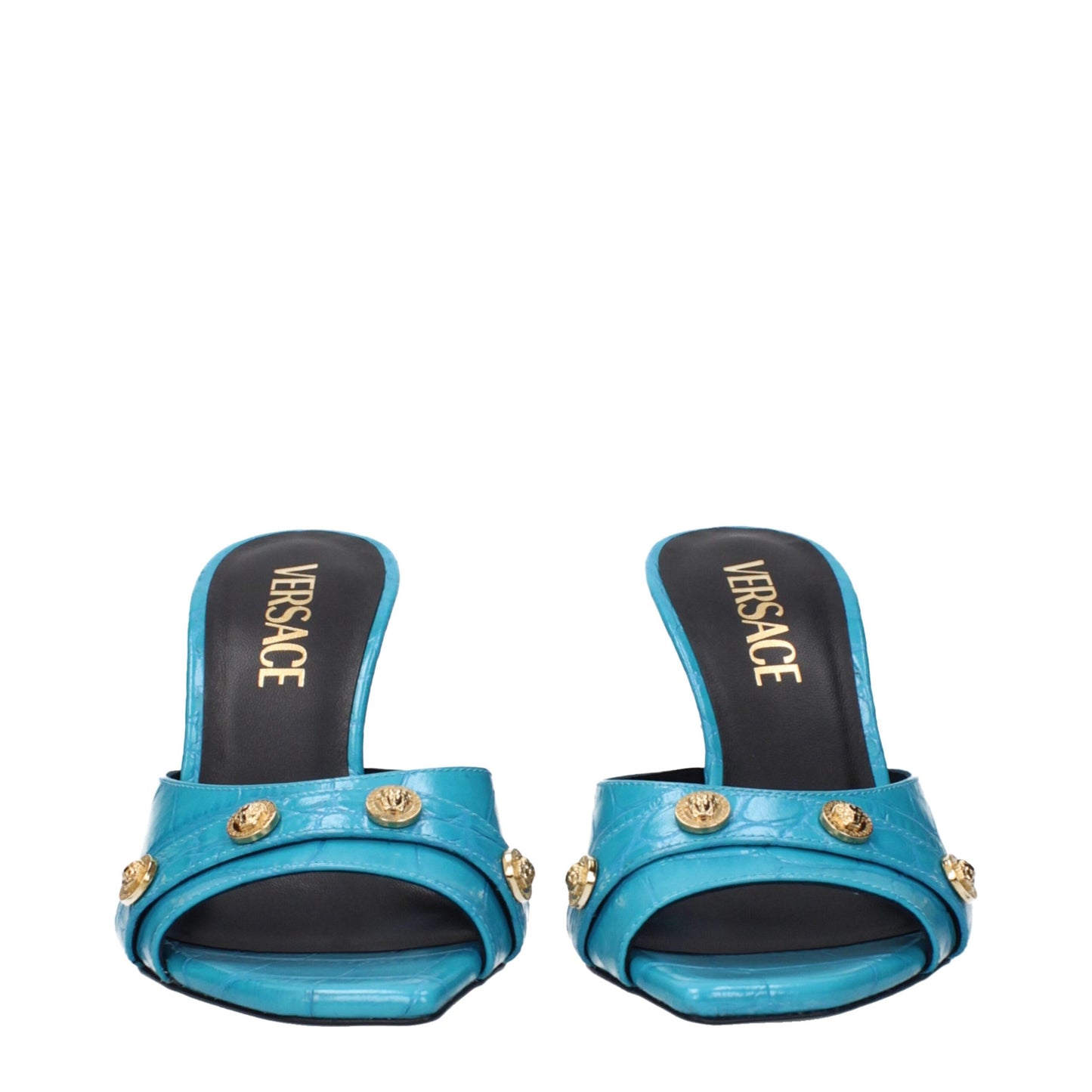 Светлосини кожени сандали на висок ток Versace