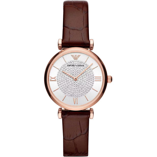 Елегантен дамски кожен часовник Emporio Armani в бордо цвят
