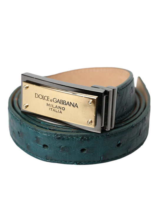 Колан Dolce &amp; Gabbana със зелена кожена катарама и гравирано златно лого