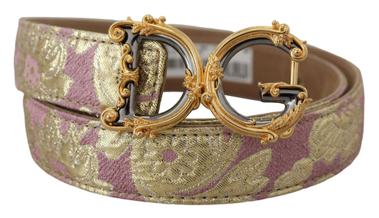 Колан с метална катарама Dolce &amp; Gabbana с розов жакард и лого DG в златисто-кафяво