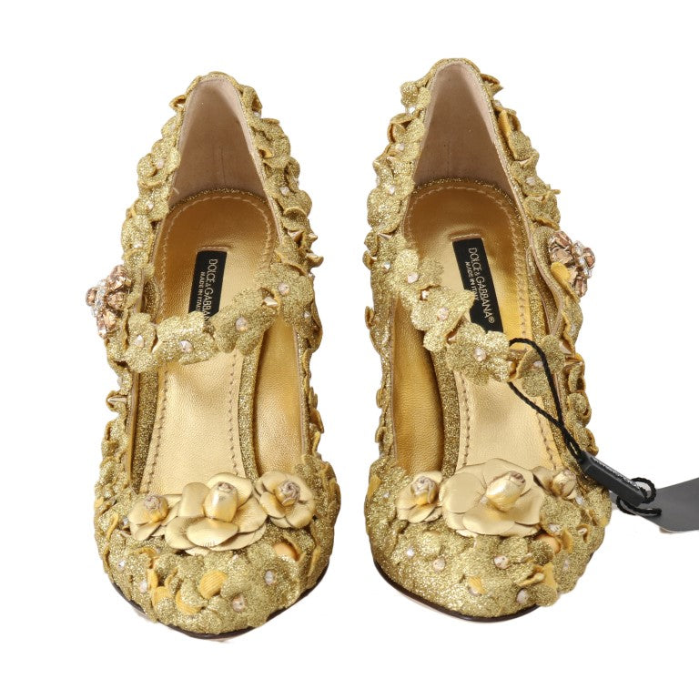 Златни флорални кристални обувки Mary Janes от Dolce &amp; Gabbana