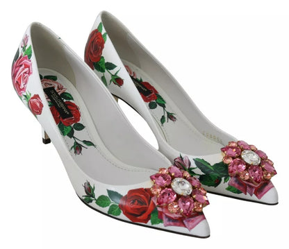 Кожени обувки Dolce &amp; Gabbana с кристали и рози в бели цветове