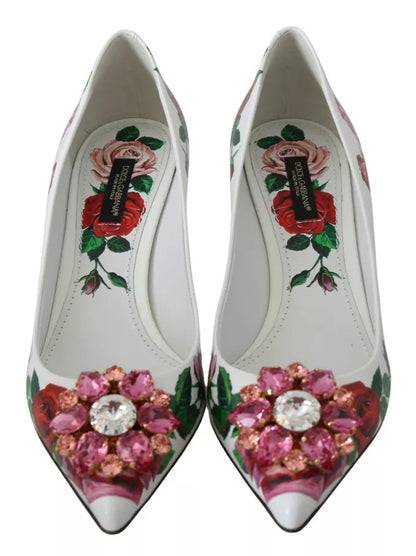 Кожени обувки Dolce &amp; Gabbana с кристали и рози в бели цветове