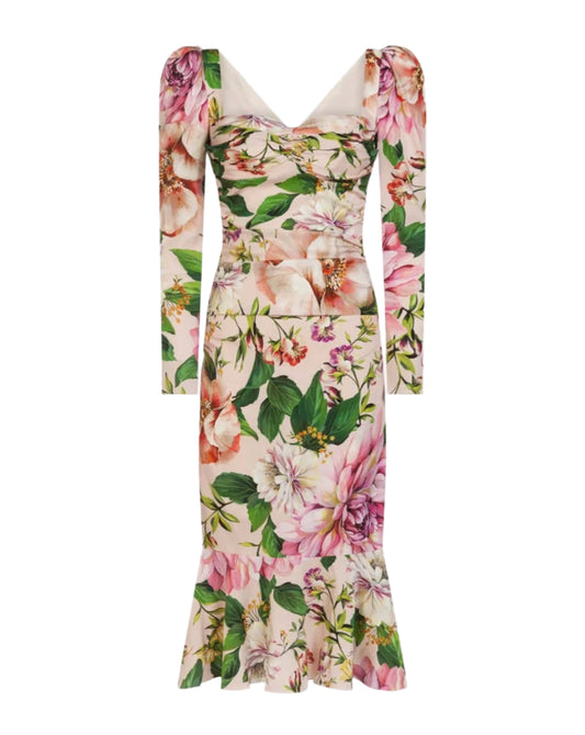Dolce & Gabbana Pink Floral Silk Fit And Flared Midi Dress